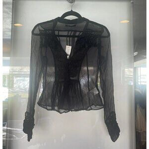 LA Black Sheer Blouse Top Long Sleeve Pintucked Shirt XS